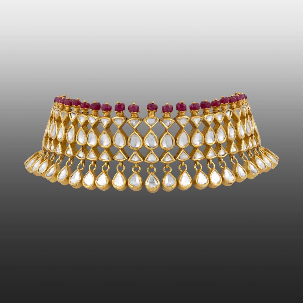 Polki Choker with Red Beaded Fungar and Teardrop Drops